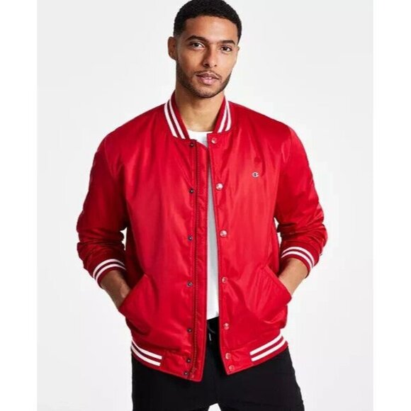 Champion Other - Champion Classic Logo Striped Trim Men's Varsity Jacket - Red Size Small